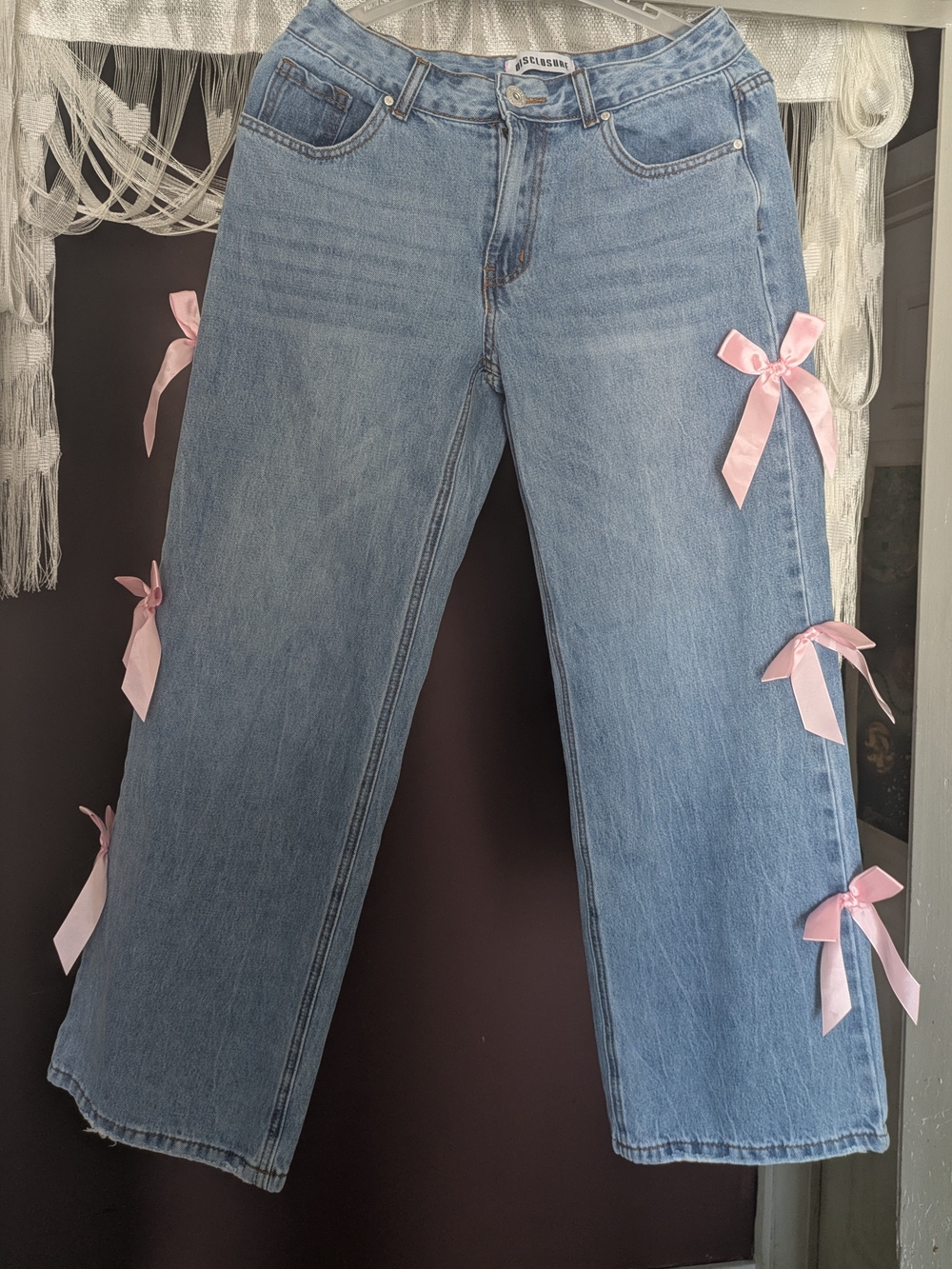 Light Blue Wide-Leg Jeans with Pink Ribbon Bows